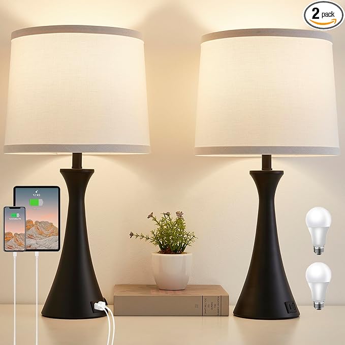 Touch Lamp for Living Room Bedroom, 21" Table Lamps Set of 2 with USB C+A Ports and White Lamp Shades, Touch Bedside Lamps for Nightstand with 3 Way Dimmable, 2 LED Bulbs Included