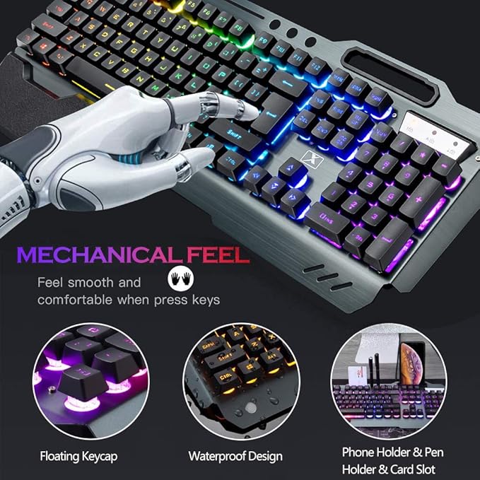 Wireless Gaming Keyboard and Mouse,RGB Backlit Rechargeable Keyboard Mouse with 5000mAh Battery Metal Panel,Removable Hand Rest Mechanical Feel Keyboard and 7 Color Gaming Mute Mouse for PC Gamer