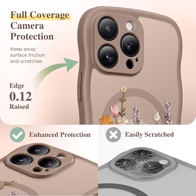 GVIEWIN for iPhone 16 Pro Max Case Compatible with MagSafe [Curly Wave Edge][Full Camera Protection] Floral Translucent Shockproof Magnetic Women Phone Case for 16 Pro Max, Primrose/Brown