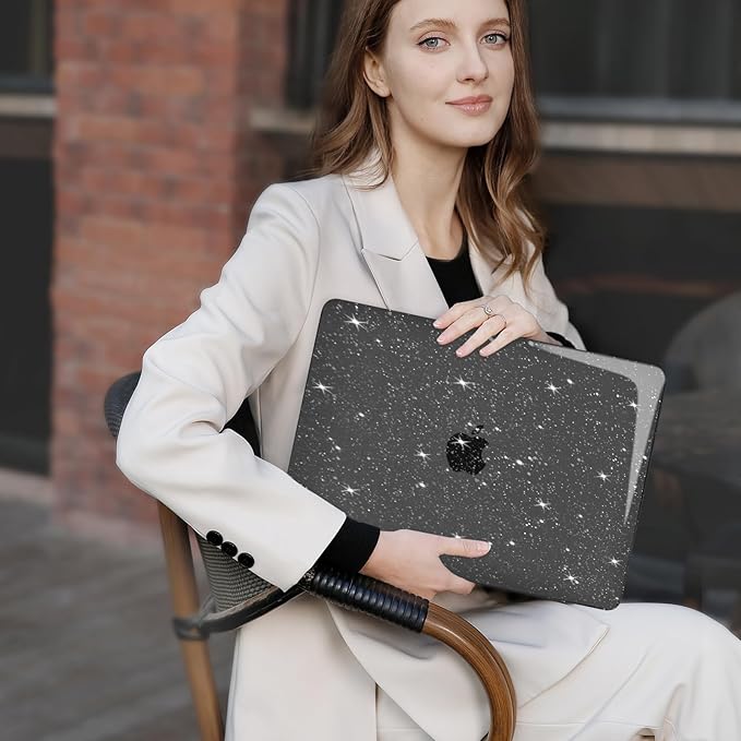 MOSISO Compatible with MacBook Air 13 inch Case 2022 2021 2020 2019 2018 A2337 M1 A2179 A1932, Glitter Plastic Hard Shell&Keyboard Cover&Screen Film&Storage Bag for MacBook Air 13 inch, Black