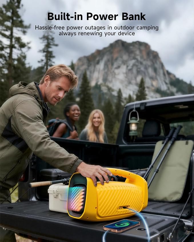 RWN Outdoor Bluetooth Speaker: 160W Loud Sound, IP67 Waterproof with 24H Playtime, Fast Charge, Bass, TWS, Portable Wireless Speakers with Light Show for House, Party, Projector, Beach (Yellow+Black)