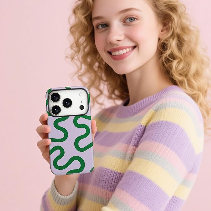 Magnetic for iPhone 17 Pro Case Cute Curved Stripes Phone Case, Shockproof Slim TPU and Hard PC Protective Phone Cover Compatible with MagSafe Designed for Women Girls,Green