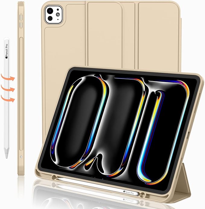 iMieet Case for iPad Pro 11 Inch (M5) 2025 /(M4) 2024 5th Gen, Trifold Stand Smart Cover with Pencil Holder and Soft TPU Back, Auto Wake/Sleep (Champagne Gold)