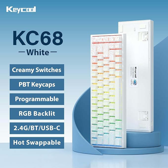 Creamy Mechanical Gaming Keyboard 60% Percent, Wireless 2.4G/Bluetooth 5.0/Wired USB-C, 68-Key NKRO Hot Swappable, Topographic PBT Keycaps, RGB LED Backlit, Programmable for Win/Mac, White