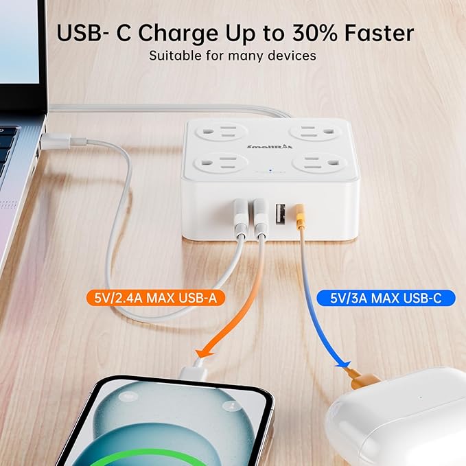 Flat Plug Power Strip with USB C, 6.5FT Flat Extension Cord - 8 AC Outlets and 4 USB(1 USB C), Power Strip with Surge Protector, Wall Mount Charging Station Office Home (White, 15 FT)