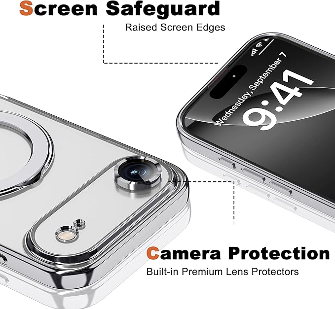 Compatible with iPhone 17 Air Case with Invisible Magnetic Ring Stand [Compatible with Mag-Safe] [Full Camera Lens Protector] Plating Clear Phone Case for iPhone 17 Air 6.5", Silver