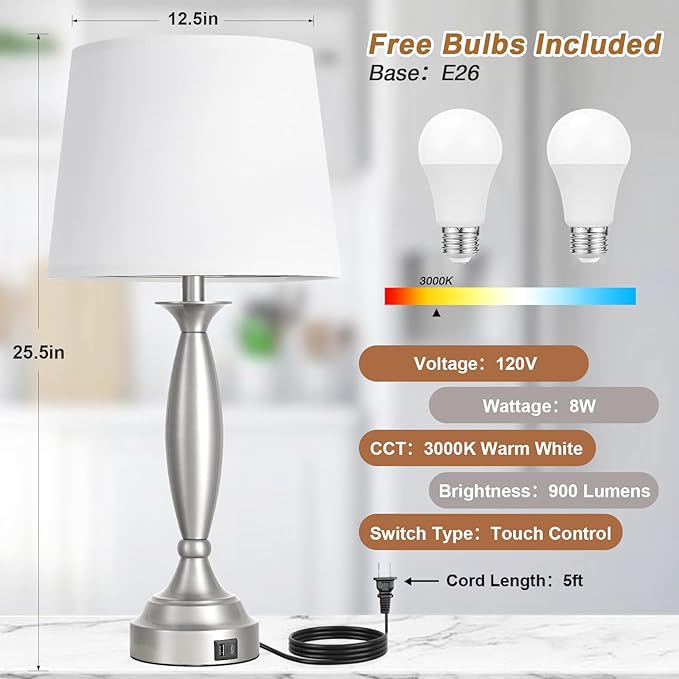 Seealle 25.5" White Lamps for Bedrooms Set of 2 - Touch Control Bedside Lamp with USB C+A, 3 Way Dimmable Nightstand Lamps with USB Port, Table Lamp for Living Room(White Shade and Nickel Base)