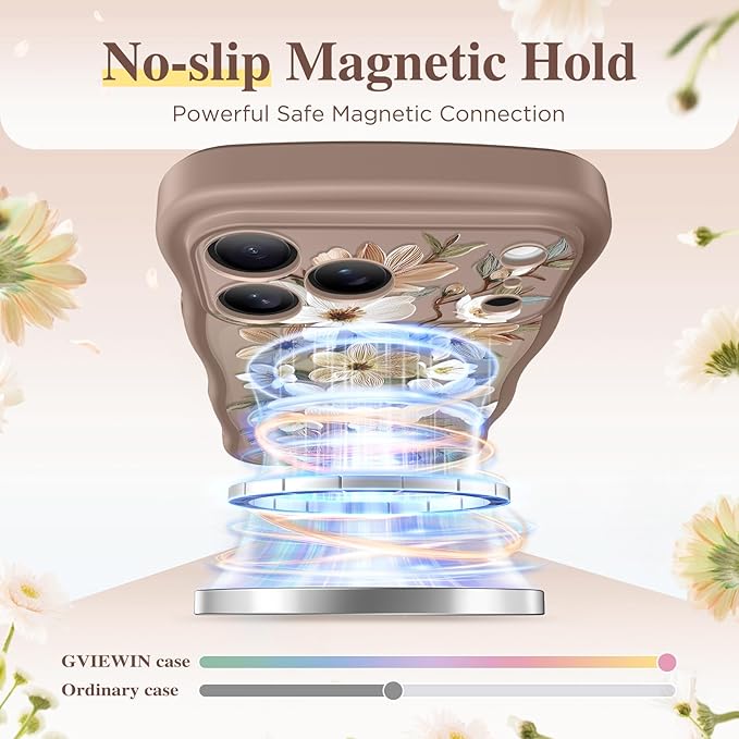 GVIEWIN for iPhone 17 Pro Max Case Compatible with MagSafe [Curly Wave Edge][Full Camera Protection] Floral Translucent Shockproof Magnetic Women Phone Case for 17 Pro Max, Dogwood/Brown