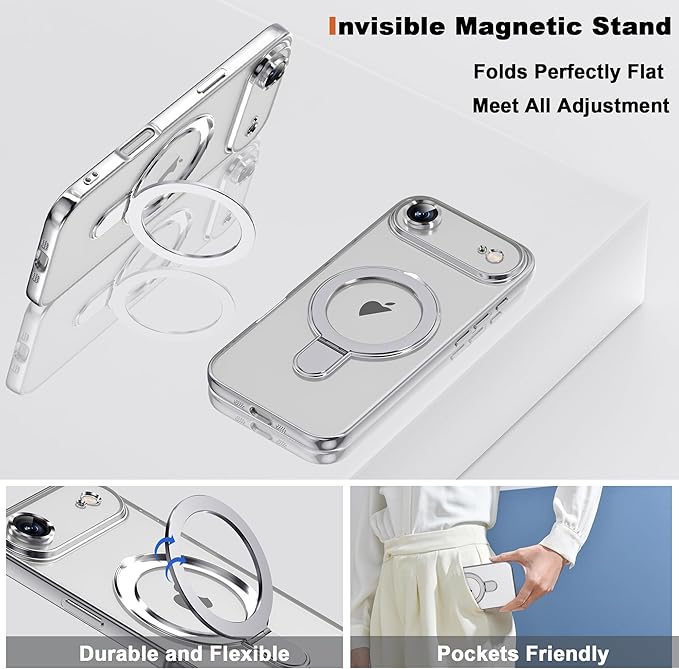 Compatible with iPhone 17 Air Case with Invisible Magnetic Ring Stand [Compatible with Mag-Safe] [Full Camera Lens Protector] Plating Clear Phone Case for iPhone 17 Air 6.5", Silver
