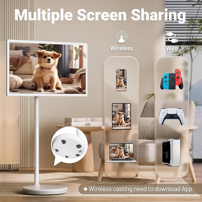 Portable Smart 27/32 in Full Hd Touchscreen Monitor, with Wheels and Remote Control, 5-6Hour Battery Life,Wireless/Wired Screen Mirroring, Rotating Display，4+64GB/8+128GB 27IN-4+64GB
