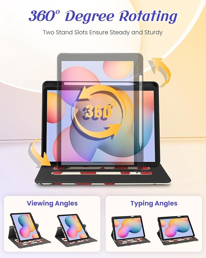 Kidcube for Samsung Galaxy Tab S6 Lite Case 10.4 Inch 2024/2022/2020 - Women Girls Cute Rotating Stand Folio Cover with Pencil Holder & Card Slot Girly Pretty Strawberry Design Cases for Tab S6 Lite