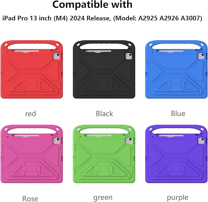 Kids Case for iPad Pro 13 inch (M5) 2025/ (M4) 2024, with Pencil Holder/Kickstand/Handle Stand Lightweight Cute Soft EVA Shockproof Silicone Anti-Slip Grip Rugged Girls Boys Cover, Purple