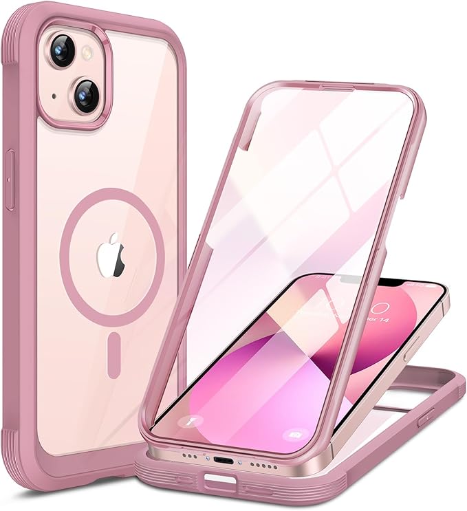 Miracase for iPhone 13 Case 6.1'',Full-Body Magnetic Clear Bumper Case with Built-in 9H Tempered Glass Screen Protector,Military Drop Protection Outdoor Phone Case,Pink