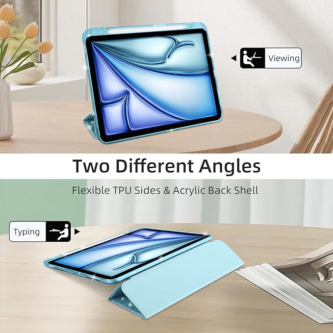 Case for iPad Air 13 Inch (M4/M3/M2, 2026/2025/2024) & iPad Pro 12.9 6/5th Gen (2022/2021), Glittering Sparkly Cover with Shiny Clear Back Shell, Trifold Stand Case with Pencil Holder, Blue