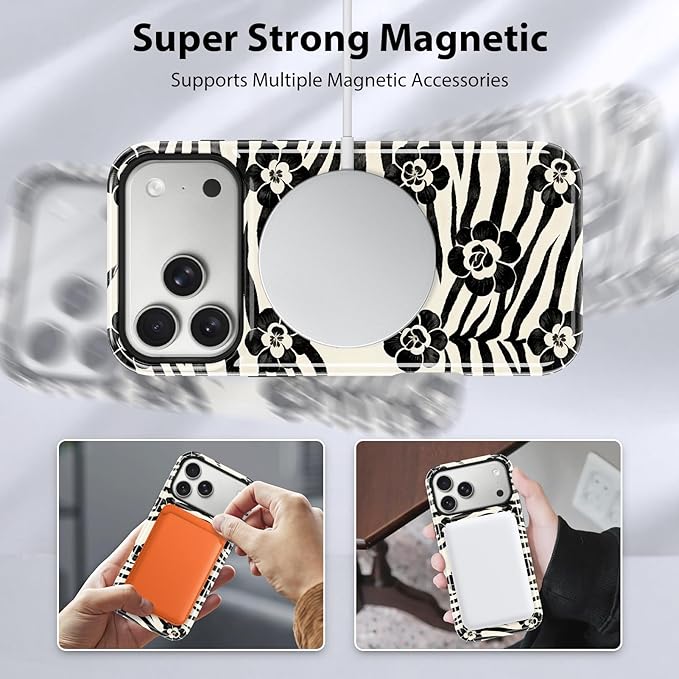 KANGHAR Compatible with iPhone 17 Pro Max Case, Support for MagSafe, Silicone Floral Cool Pattern, Wristband Kickstand Camera Protection Soft Slim Phone Case for Girls Women -Black