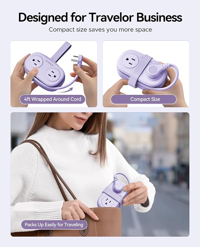 ORICO 4FT Purple Cruise Approved Travel Power Strip with 4 AC Outlets, 2 USB-A Ports, and 1 USB-C Port, 45° Flat Plug Extension Cord with Non Surge Protector for Travel/Home/Dorm/Office-AP3