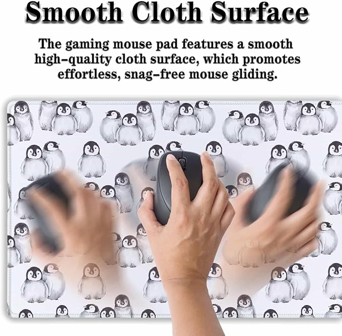 Gaming Mouse Pad White, Big Mouse Pads Office Desk Pad, XXL Mousepad Non-Slip Rubber Base Waterproof with Stitched Edges, 35.4 X 15.7 inch for Work/Game/Office/Home Little Penguin Isolated