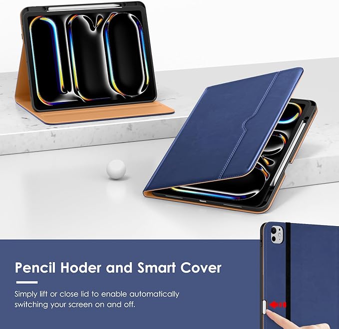 VIKESI Case for iPad Pro 13-inch M5 or M4 Released in 2025 or 2024, Leather Stand Cover with Apple Pencil Holder, Auto Wake/Sleep, Multiple Viewing Angles, Built in Hand Strap & Pocket,Navy Blue