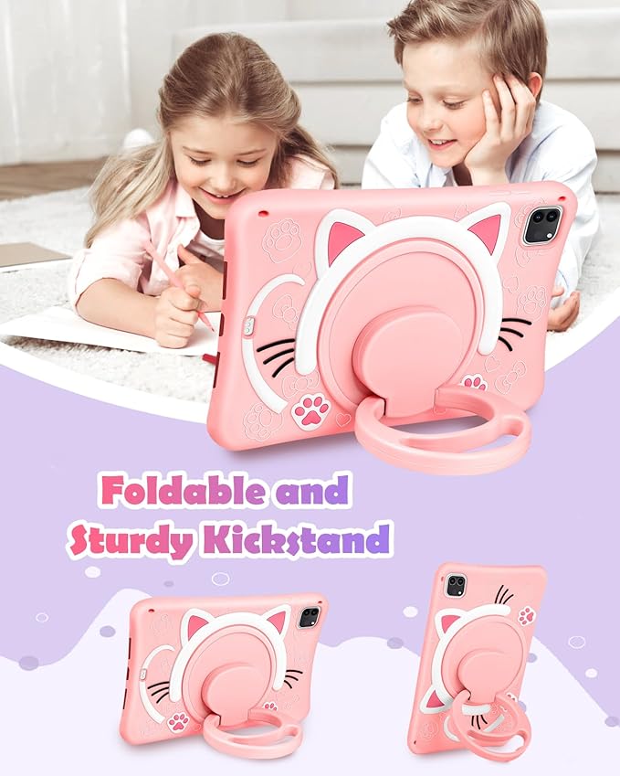 Wazzasoft for iPad Air 5th/4th Generation 10.9"/Pro 11 Inch Case - Cute Cat Soft Silicone Girls Teens Women Cartoon Kitten Tablet Cover with Rotating Handle Stand & Strap Funda para Air 5th/4th Gen