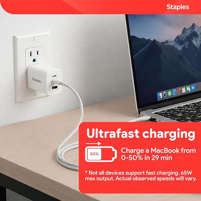 Staples TECH GaN Wall Charger, 65W – USB‑A & USB‑C Fast Charging, Includes Charging Cable, Compact Power Adapter for iPhone, Samsung, iPad & USB‑C Devices