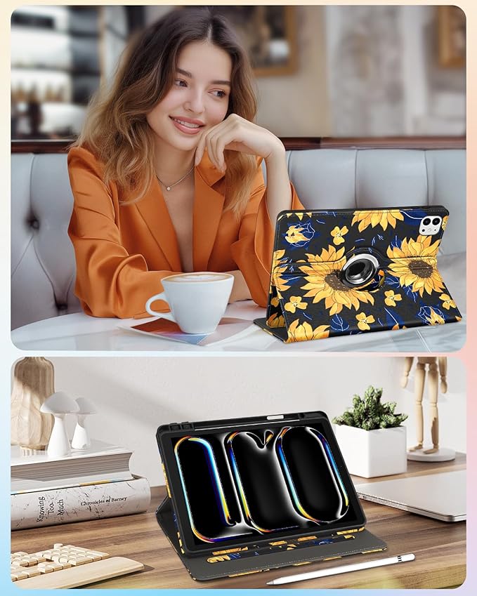 Kidcube for iPad Pro 13 Inch Case M4 2024 - Women Girls Cute Rotating Stand Folio Cover with Pencil Holder & Card Slot Girly Kawaii Sunflower Design for iPad Pro 13 Inch Case 2024 (A2925 A2926 A3007)