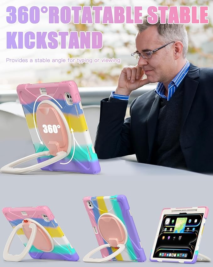 BRAECN for iPad Pro 13 Inch Case (M5/M4) 2025/2024, Heavy Duty Shockproof Silicone Cover with Multiple Adjustable Viewing Angles, Kickstand, Built-in Pencil Holder, Shoulder Strap, Colorful Pink