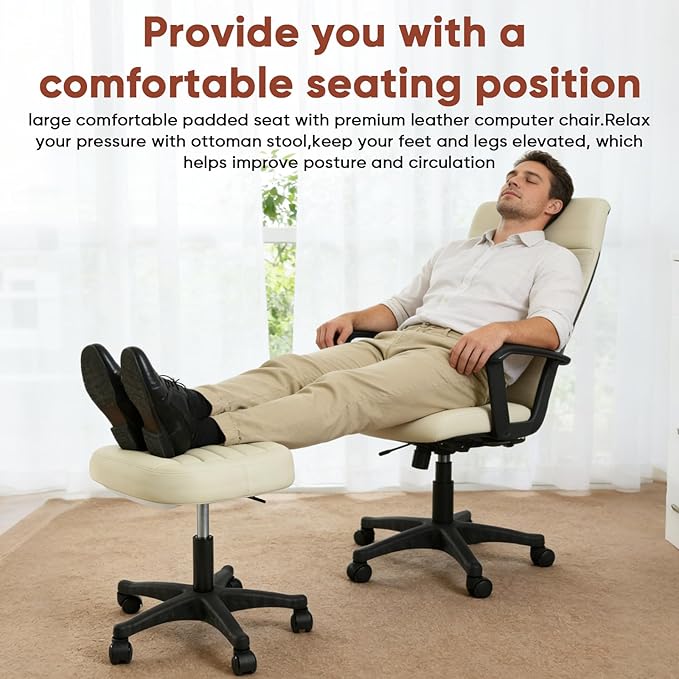 Height Adjustable Foot Stool,550lbs Heavy Duty Large Seat Under Desk Footrest,Swivel Rolling Chair Sturdy Wheels,2 in 1 Ottoman Stool Meeting Chair for Home Office,Creamywhite