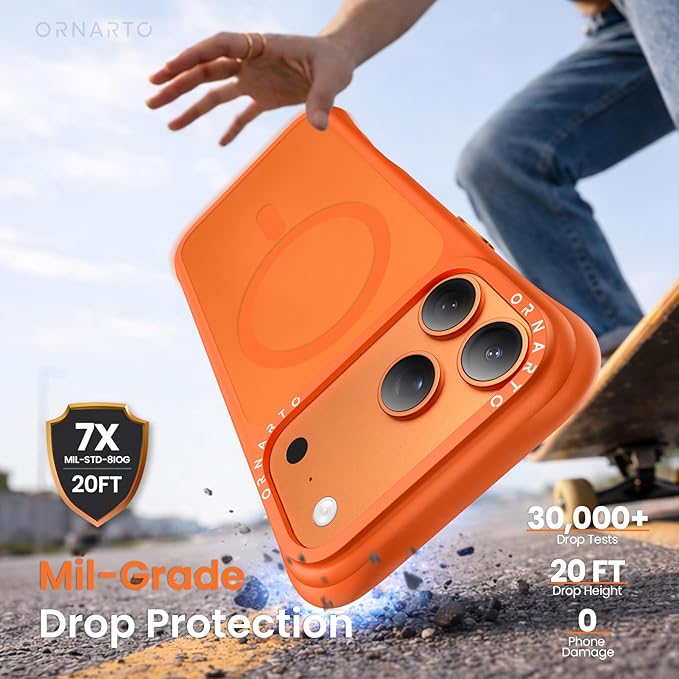 ORNARTO Magnetic for iPhone 17 Pro Max Case, 20FT Military-Grade Drop Protection, Compatible with MagSafe, Slim Shockproof Translucent Matte Phone Case for iPhone 17 Pro Max 6.9", Orange