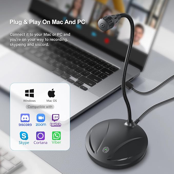 Instrument Microphone for Singing, Podcasting, Voice Video Recording, Plug & Play USB Desktop Microphone for PC with Mute Button & LED Indicator, Compatible with Windows/Mac