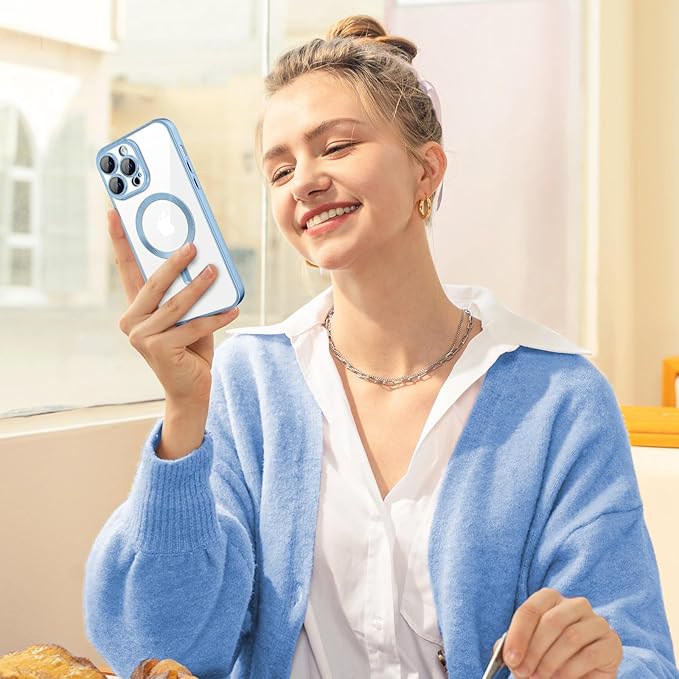 Hython Magnetic Clear for iPhone 12 Pro Case with Camera Lens Protector [Compatible with MagSafe] Luxury Plating Edge Slim Soft TPU Cover Protective Phone Case for iPhone 12 Pro, Matte Light Blue