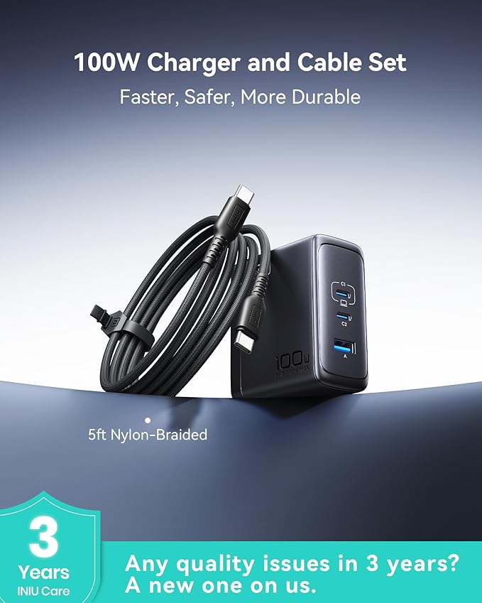 INIU USB C Charger Block, 100W GaN Fast Charging, 3-Port Compact Foldable Travel Laptop Charger with Type C Cable, Power Adapter for Mac Book Air Pro 15 14, iPhone 17 16 Pro Max Samsung S26 S25 Ultra