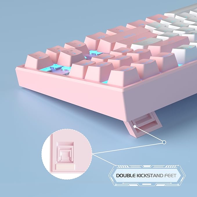 MageGee 75% Mechanical Gaming Keyboard, Red Switch, LED Blue Backlit, 87 Keys Compact TKL Wired Computer Keyboards for Windows Laptop PC Gamer - White/Pink