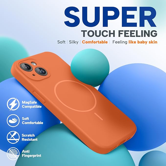Miracase Magnetic for iPhone 15 Case, [Soft Anti-Scratch Microfiber Lining], Compatible with MagSafe, Liquid Silicone Case Shockproof Drop Protection Phone Case for 15,Orange