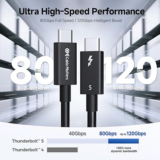 Cable Matters [Intel Certified] 80Gbps Thunderbolt 5 Cable with up to 120Gbps Bandwidth Boost and 240W Charging - 0.3m / 1ft, Compatible with Thunderbolt 4, USB4, and USB C, Black