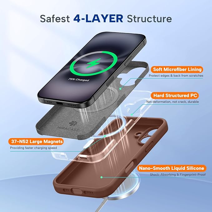 Miracase Magnetic for iPhone 16 Plus Case, [Soft Anti-Scratch Microfiber Lining], Compatible with MagSafe, Liquid Silicone Shockproof Drop Protection Phone Case for 16 Plus,Chocolate