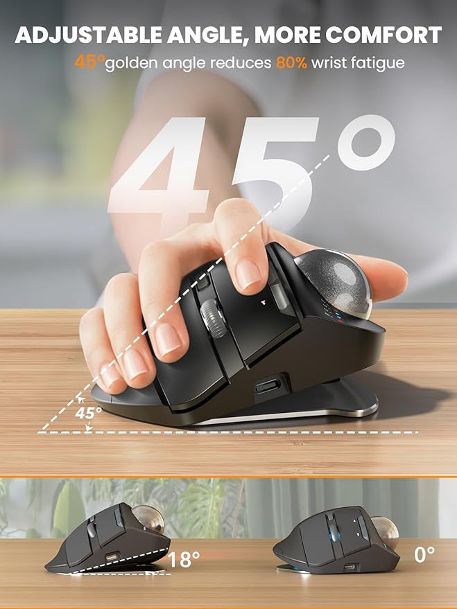 SABLUTE MAM1 Pro Wireless Trackball Mouse, Hard Travel Case (Include) Ergonomic Bluetooth Rechargeable Computer Mice with 5 Level DPI, Adjustable Angle, 3 Devices Connection for PC, Mac, Windows