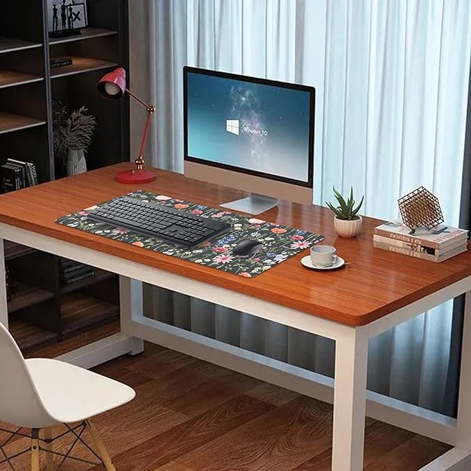 Black Background Watercolor Flowers Desk Pad Mouse Pad,Large Floral Mouse Mat with Stitched Edges,Non-Slip Rubber Base Mousepad for Office PC Keyboard Laptop and Home Work Desk Mat(27.5X11.8 in)