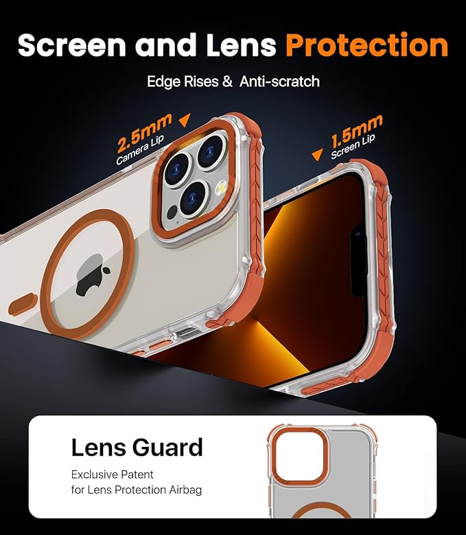 DEERLAMN Strong Magnetic Case for iPhone 13 Pro 6.1-Inch,[Compatible with Magsafe][Military-Grade Protection] Clear Slim Shockproof Protective Phone Cover for Women Men-Transparent+Orange