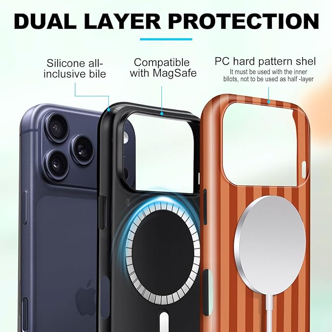Magnetic for iPhone 17 Pro Case Cute Stripes Phone Case, Shockproof Slim TPU and Hard PC Protective Phone Cover Compatible with MagSafe Designed for Women Girls, Deep Brown