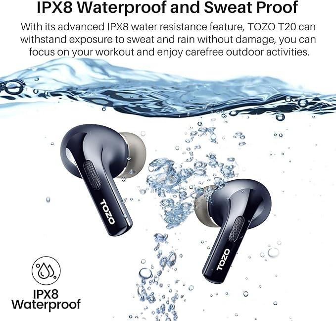 TOZO T20 Wireless Earbuds Bluetooth Headphones 48.5 Hrs Playtime with LED Digital Display, IPX8 Waterproof, Dual Mic Call Noise Cancelling 10mm Broad Range Speakers, New Version