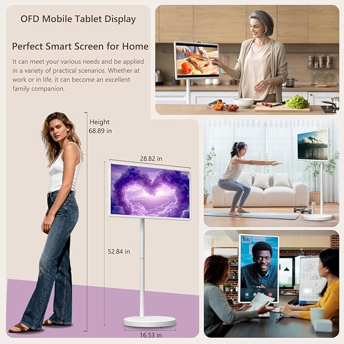 OFD 32" FHD Smart Portable TV on Wheels,Rolling TV Stand Tablet Android15 OS,6+128GB Storage,Built-in 9600mAh Battery,8MP Webcam,Speaker,Portable Smart TV Touchscreen with Remote,EDLA,Fully Rotatable