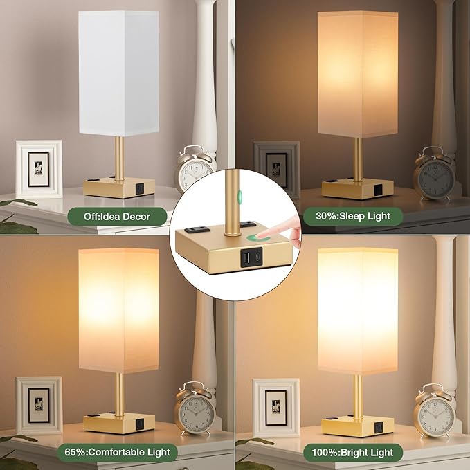 aooshine Gold Base Touch Lamps Set of 2 - Nightstand Lamp with USB-C + A Charge Ports & AC Outlets, 3-Way Dimmable Bedside Lamp, Small Table Lamp Light for Bedroom (Bulb Included)