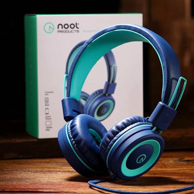 Kids Headphones - noot products K11 Foldable Stereo Tangle-Free 3.5mm Jack Wired Cord On-Ear Headset for Children/Teens/Boys/Girls/Smartphones/School/Kindle/Airplane Travel/Plane/Tablet (Navy/Teal)
