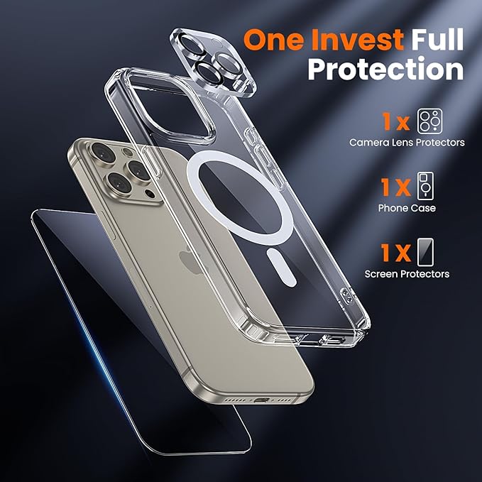 toushion 3 in 1 for iPhone 15 Pro Case Clear with MagSafe, Not Yellowing, Screen Protector*1 Camera Lens Protector*1, Military-Grade Protection for iPhone 15 Pro Phone Case 6.1 inch Clear