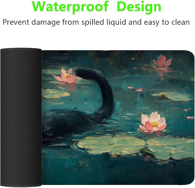 Black Cat Gaming Mouse Pad Cute Animal Green Lotus Leaves Mousepad XL Large Gaming Mouse Pad Laptop Keyboard Mat Desk Pad 31.5"x11.8" Office Computer Keyboard Laptop Home