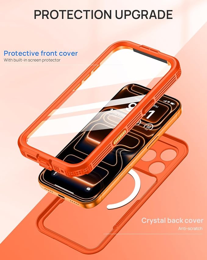 Lanhiem Magnetic for iPhone 17 Pro Case, IP68 Waterproof, Dustproof, Compatible with Magsafe, Built-in Screen Protector, Full Body, Heavy Duty, Rugged Phone Cover, 6.3 inch, Cosmic Orange