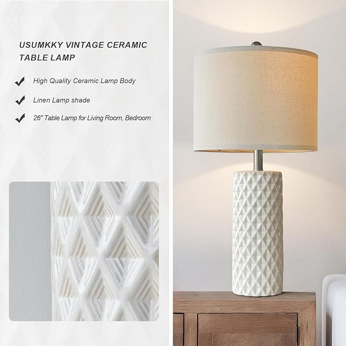 USumkky 26" Tall Table Lamp for Living Room -Vintage White Lamps Set of 2 Modern Ceramic Lamps for Night Stands, Bedside Lamp for End Tables, Nightstand Lamps for Bedroom