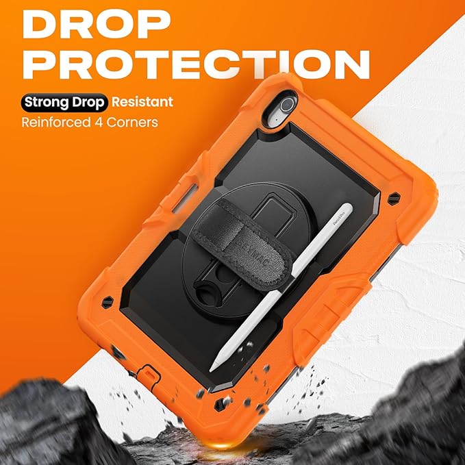 SEYMAC stock Case for iPad Air 11-inch M4-M2 2026-2024 (Gen 8-6), Shockproof Heavy Duty Case with Screen Protector, Pencil Holder, Rotating Stand, Hand Strap, Shoulder Strap, Orange