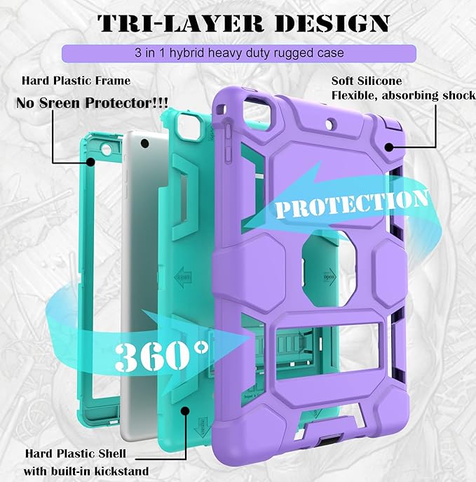 CCMAO Compatible with iPad 6th Generation Cases, iPad 5th Generation Case, iPad 9.7 Case, iPad Air 2 Case, Hybrid Shockproof Rugged Drop Protection Case with Kickstand, Purple+Green