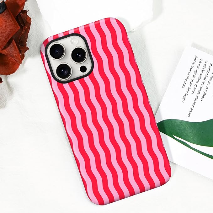 Magnetic for iPhone 15 Pro Case Cute Wavy Stripes Phone Case, Shockproof Slim TPU and Hard PC Protective Phone Cover Compatible with MagSafe Designed for Women Girls, Red